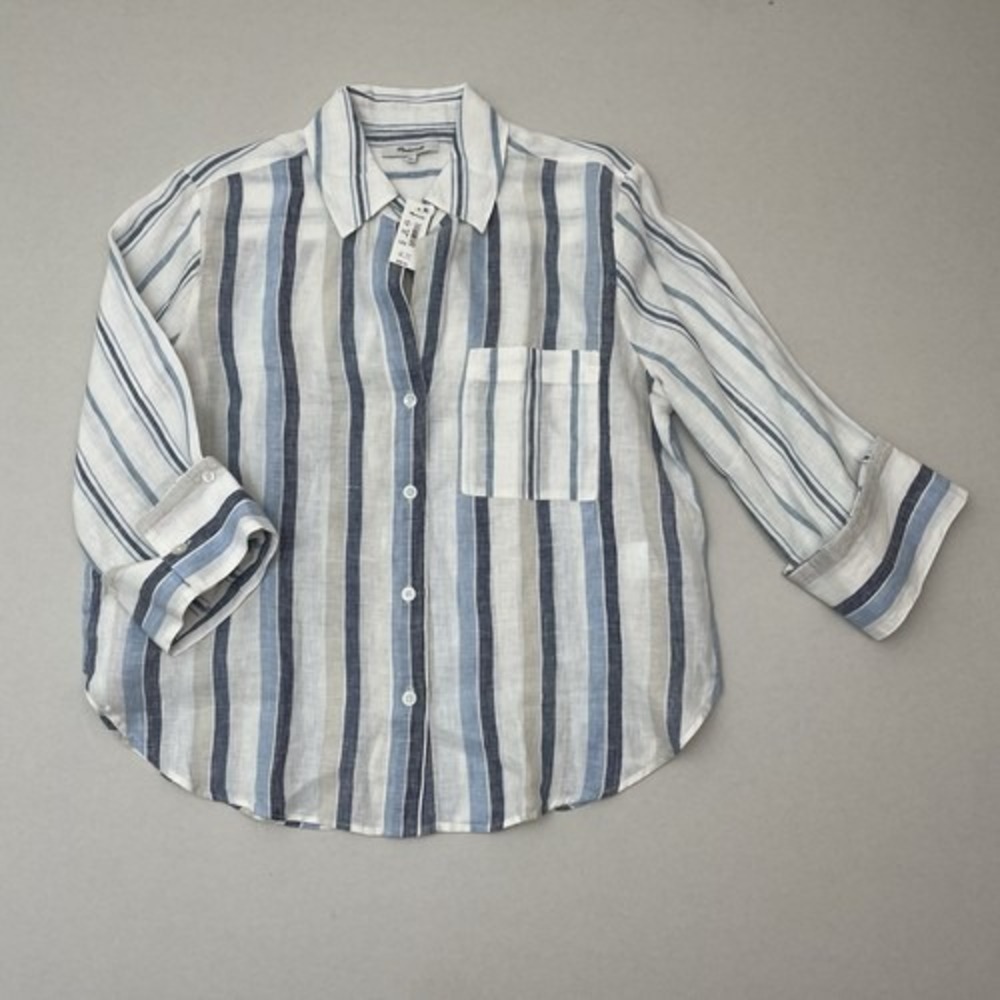 Women's Madewell Striped Linen Button-Up Shirt Blue White Long Sleeve Size S